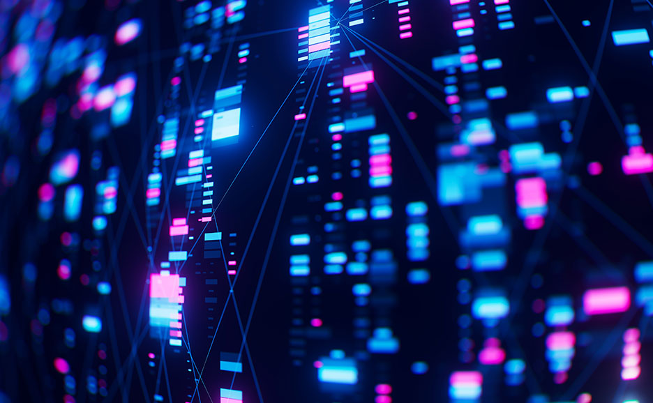Glowing blocks and lines representing AI networks and data flow.
