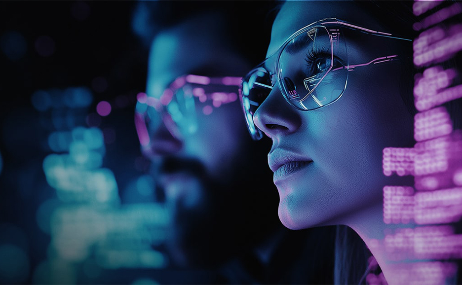Image of checking data with futuristic glasses