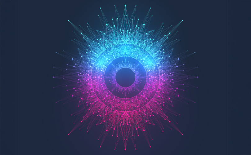 Abstrakte Illustration einer Kugel und eines Zahnrads aus rosa und hellblauen Linien, die den Fluss von Big Data und Quantencomputing darstellen