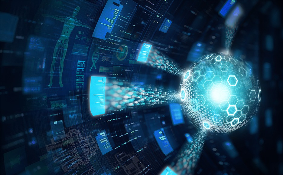 デジタル生体情報が球体を中心に広がるテクノロジーを表現。