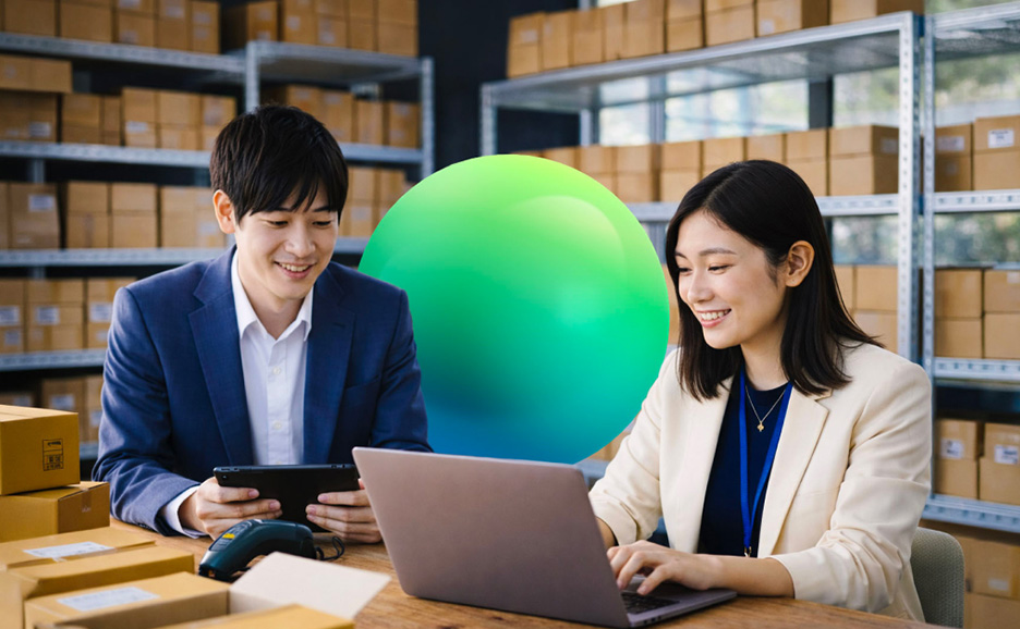 倉庫でPC作業をしている男女