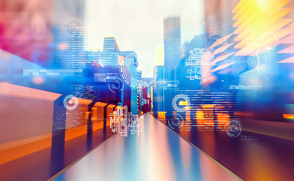 Cityscape with overlapping abstract digital interfaces