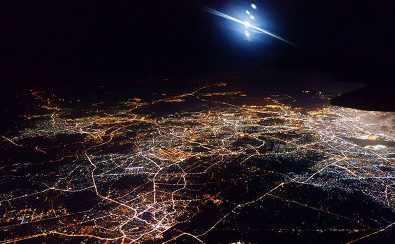 Night town viewed from an airplane