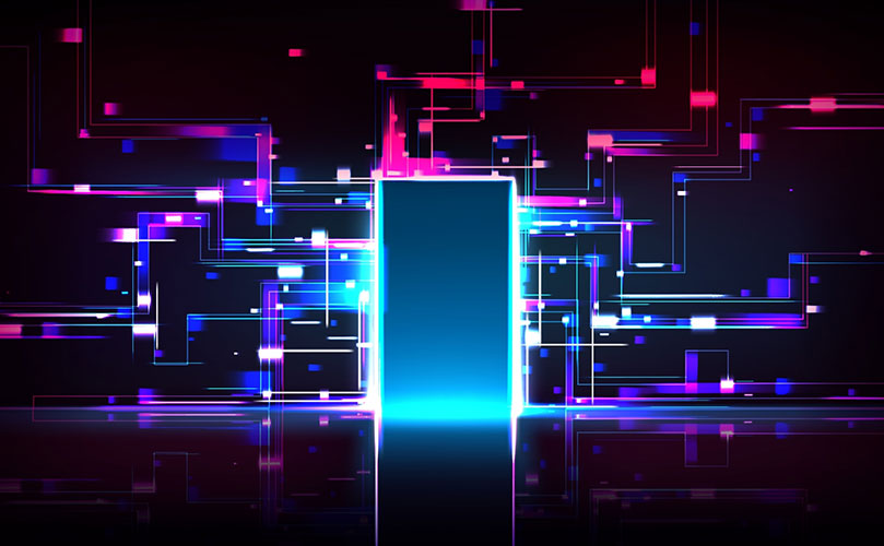 サイバー空間への出入り口のような光る青いゲートと、周囲に広がるカラフルな光の線やノイズ。
