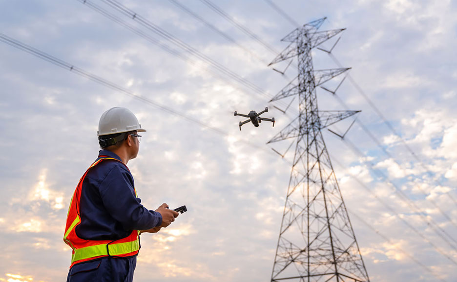 ヘルメットと反射ベストを着用した作業員がドローンを操縦し、送電線を点検している。