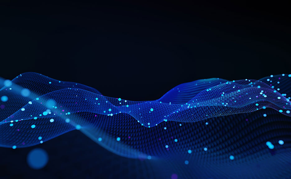 青い波状のメッシュと光の粒子が広がるデジタル空間