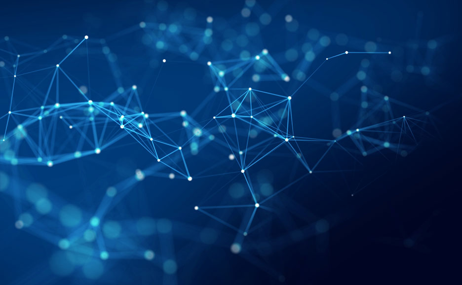 青い背景に光る点と線で構成されたデジタルネットワークの抽象的なイメージ