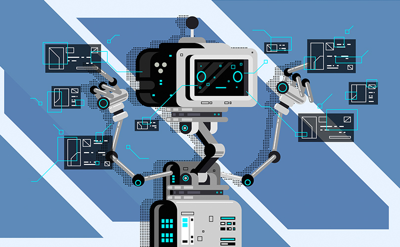 An illustration of a robot with a clock and a computer screen.
