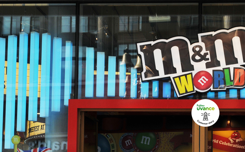 Close up shot of the entrance of a M&Ms shop reading 'm&m world' above the door