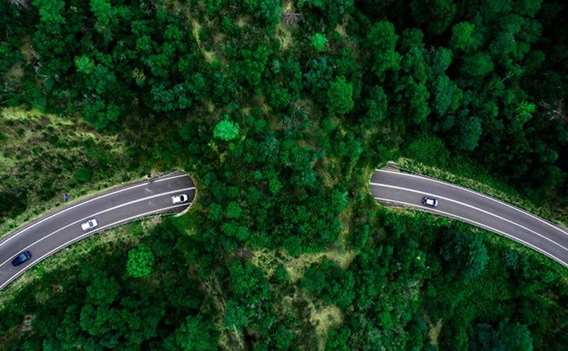 Aerial view of two cars navigating a winding road through a scenic landscape.