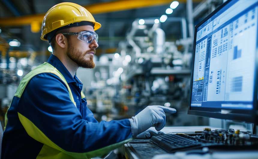 工場で設備保全管理システムを使って日常点検を登録しているイメージ