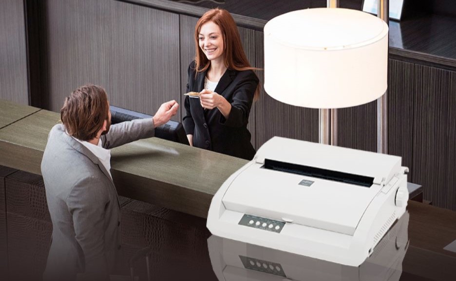 Images of DL3850+/DL3750+ Dot Matrix Printer products float in the background of a person receiving a card key.