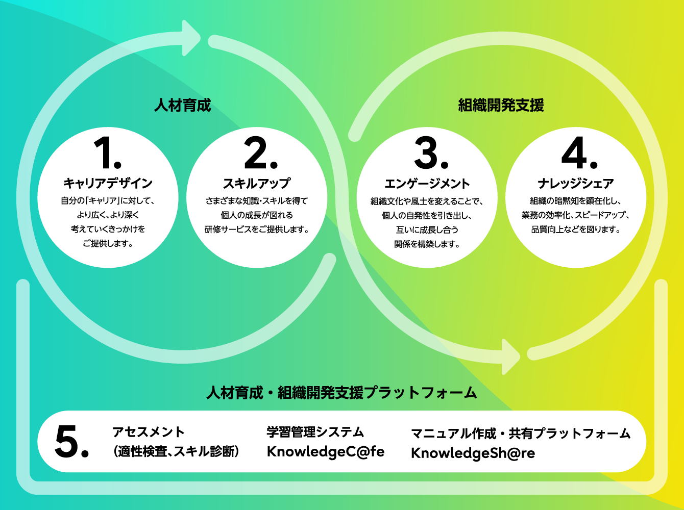FLMが提供するサービスカテゴリーのイメージ 人材育成と組織開発支援、人材育成・組織開発プラットフォーム