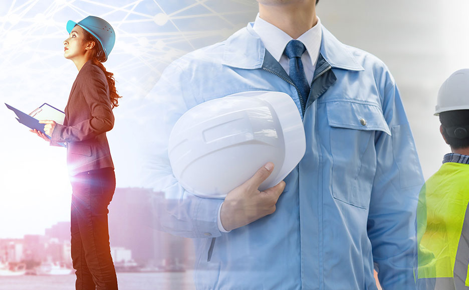 青いヘルメットをかぶり書類を持つ女性、白いヘルメットを持つ男性、白いヘルメットをかぶる人影が重なり合っている。