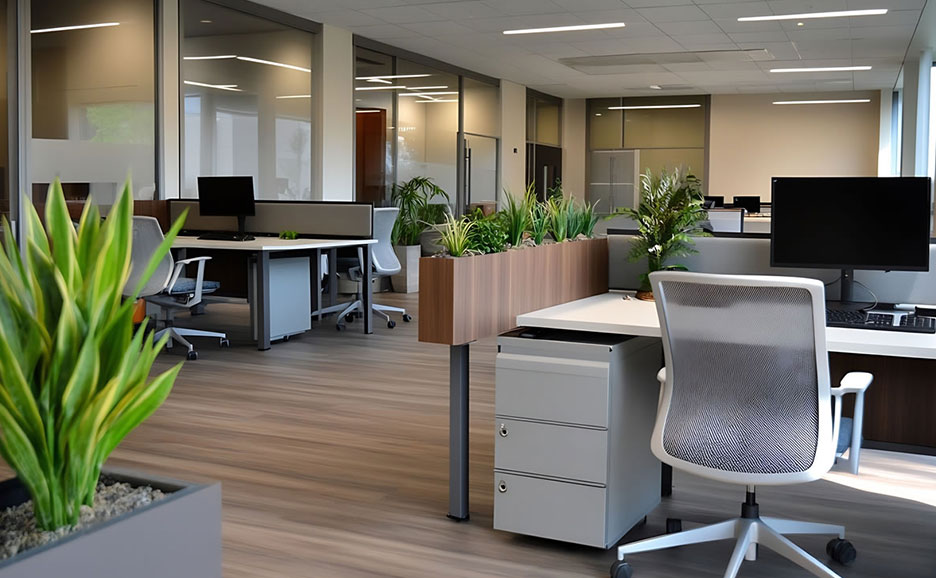 観葉植物が配置されたモダンなオフィス空間。