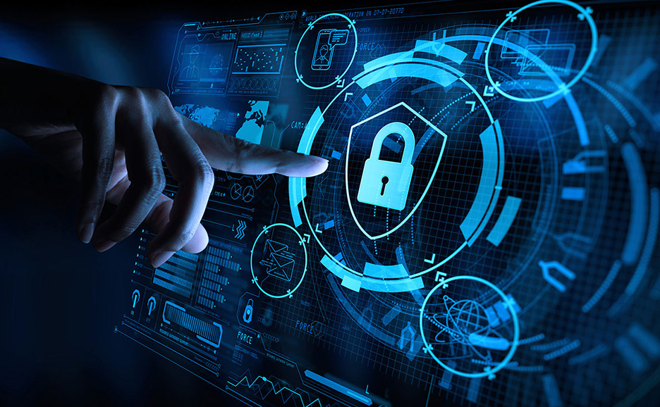 サイバーセキュリティの概念図で、指が南京錠のアイコンに触れている。データとグラフが周囲に表示されている。