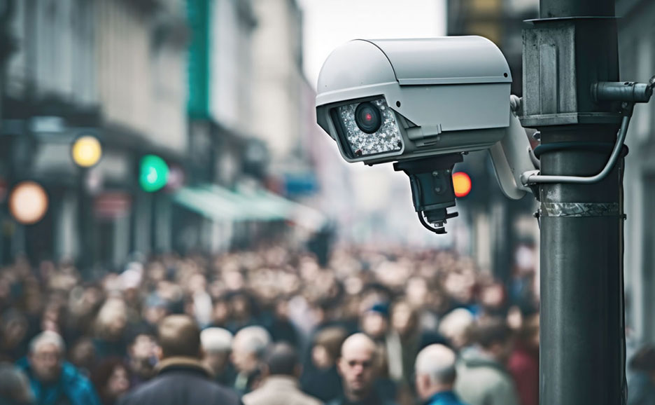 人混みの通りに設置された監視カメラ。