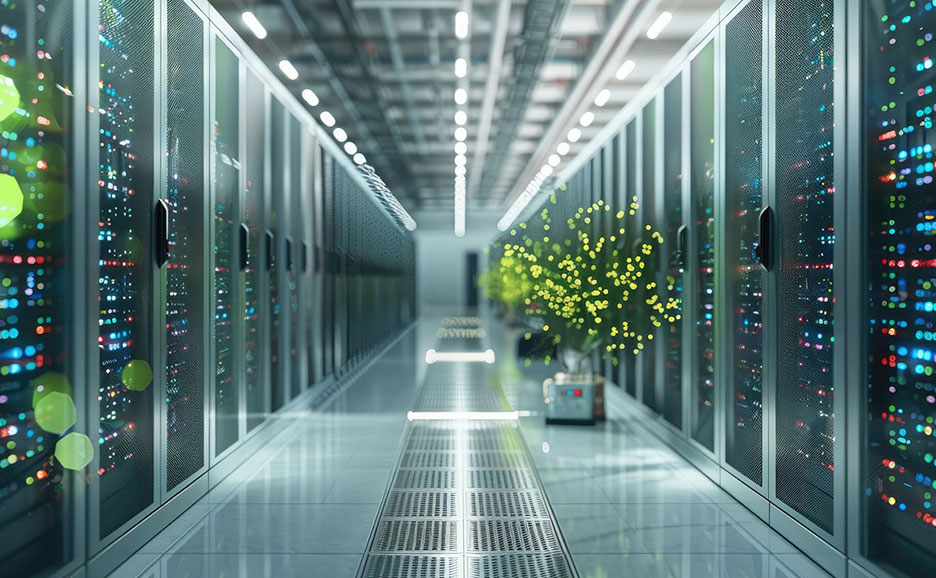 データセンターの通路を奥へと見渡す、低いアングルからのショット。