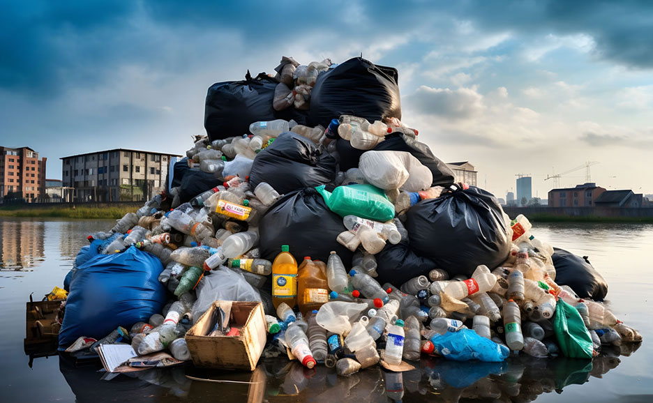 水面に大量のペットボトルやゴミ袋が浮かび、背景には建物が並んでいる光景。
