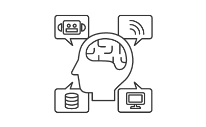 人間の頭部とその脳が描かれ、周囲にはロボット、電波、データベース、モニターのアイコンがあります