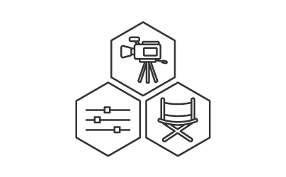 線画の六角形が3つ配置され、それぞれビデオカメラ、イコライザー、ディレクターズチェアのアイコンが描かれています。