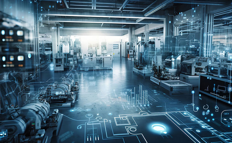 光り輝く情報ネットワークがオーバーレイされた、高度に自動化された近代的工場の内部。
