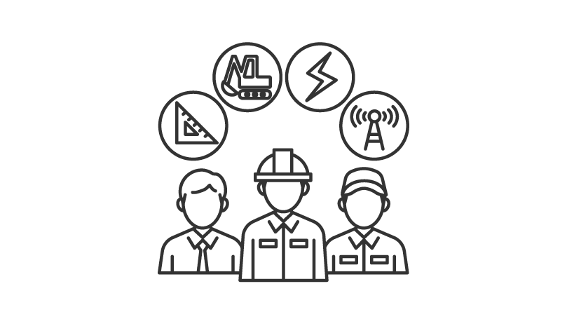 線画イラスト。ヘルメットをかぶった作業員を中心に、測量、重機、電気、通信のアイコンが囲んでいます。