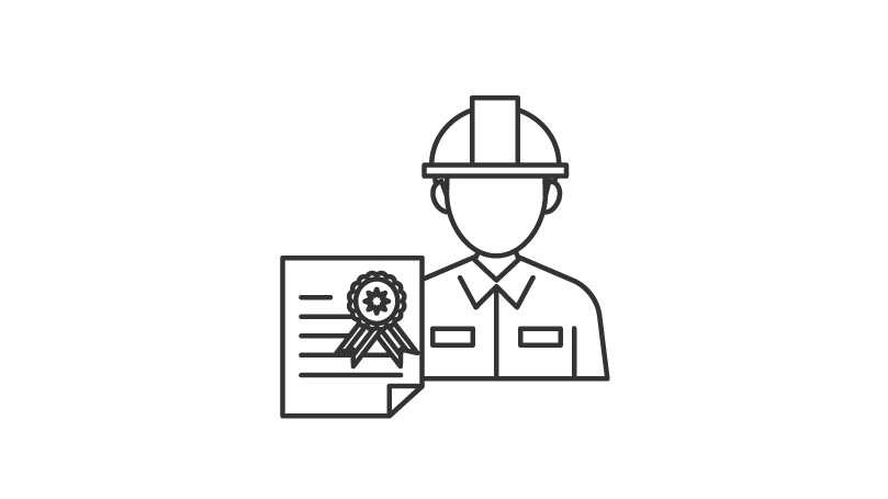 線画イラスト。ヘルメットをかぶった作業員が、メダル付きの証明書を手にしています。