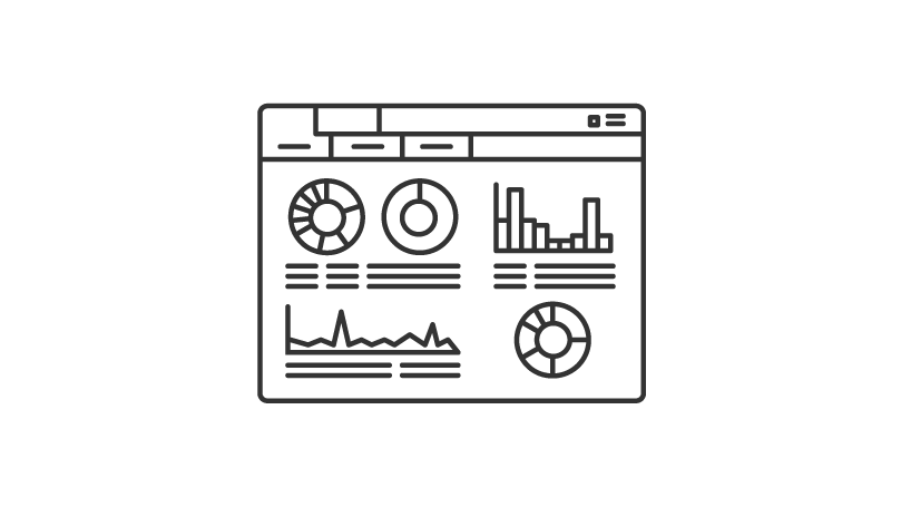 ウェブブラウザのウィンドウに様々なグラフやデータが表示された、ダッシュボードの線画アイコン