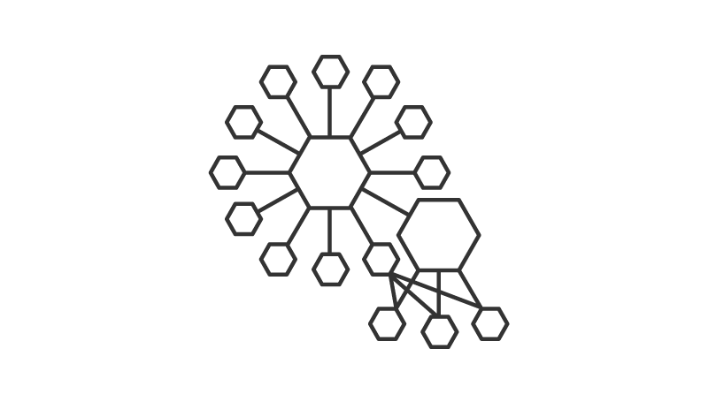 六角形の中心から放射状に複数の六角形が伸びる形が2つ描かれた、ネットワーク構造の線画アイコン