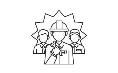 ヘルメットをかぶり工具を持つ作業員を中心に、複数人が輝いているアイコン。