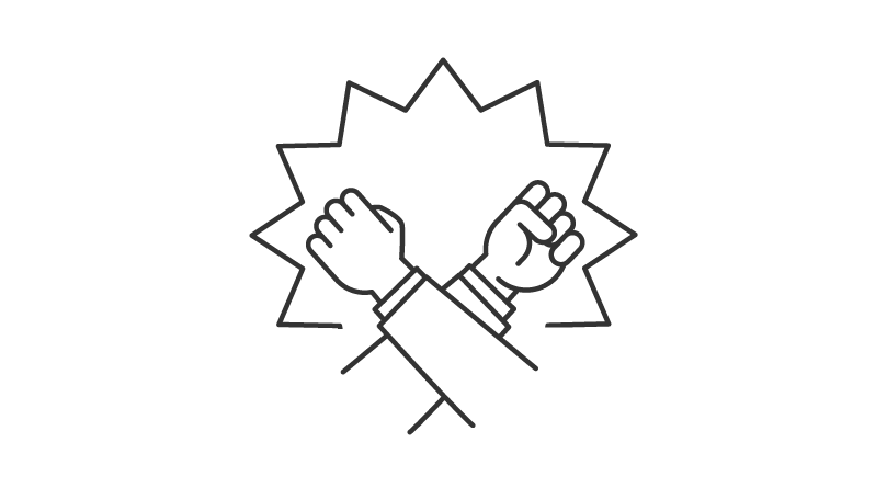 線画イラスト。交差させた拳が爆発のような星形の後ろに描かれています。