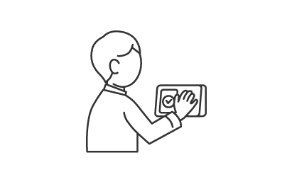 人物がスマートフォンを操作し、画面上にチェックマークが表示されている線画のイラスト