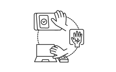 白地に、PCとスマホから手のひら認証、そして認証完了のチェックマークまでを循環する矢印で結んだ線のイラスト