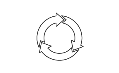 白地の中央に、3本の矢が円を描いて繋がったリサイクル（矢印が循環している）のアイコン	