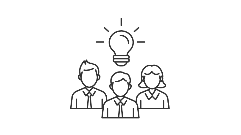 電球のアイコンの下に3人の人物が描かれた線画のイラスト