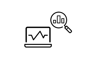 白地の中央に、グラフが表示されたノートパソコンと、棒グラフが描かれたルーペの線画アイコン