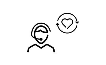 ヘッドセットを装着した人と、矢印がハートを囲むイラスト