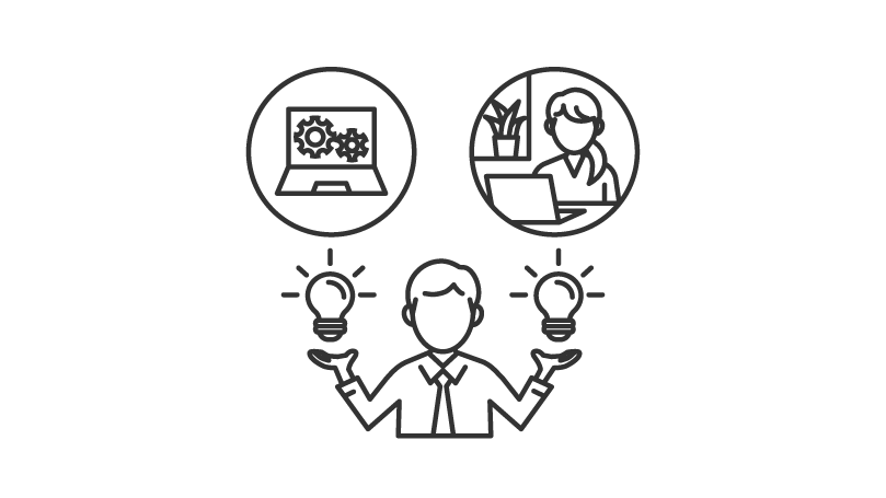 ビジネスマンとノートパソコン、オフィスワーカーの頭上に電球が浮かび上がるイラスト。