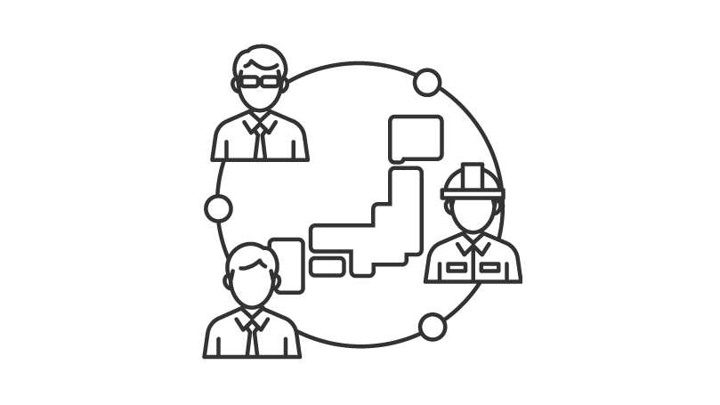 日本地図を囲むように配置された3人の人物（ビジネスマンと作業員）のアイコン