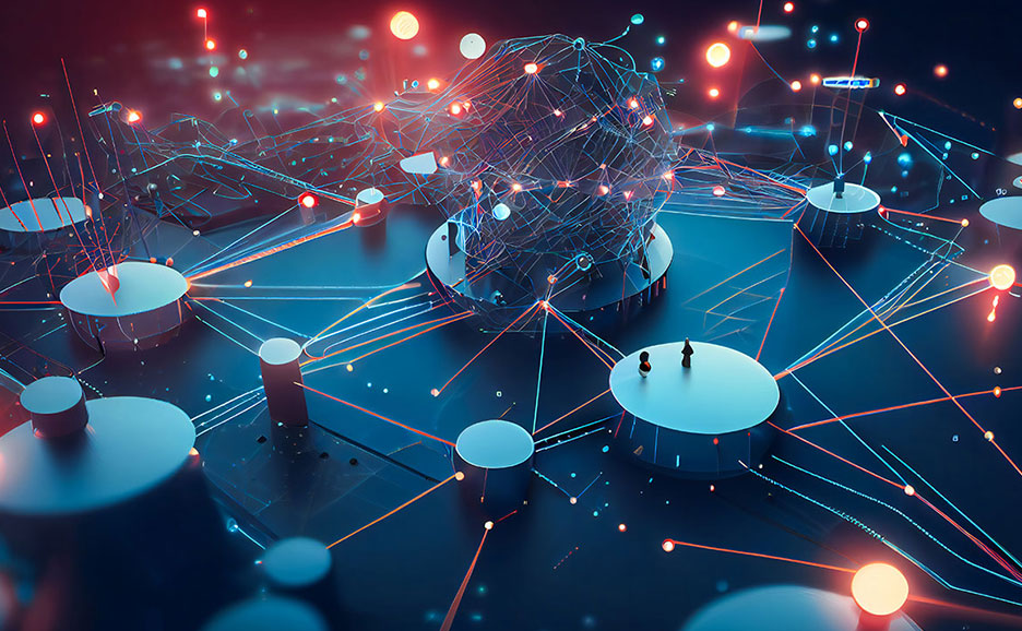 青と赤に光る光線で接続された、サイバー空間のネットワークを表すデジタルアート。