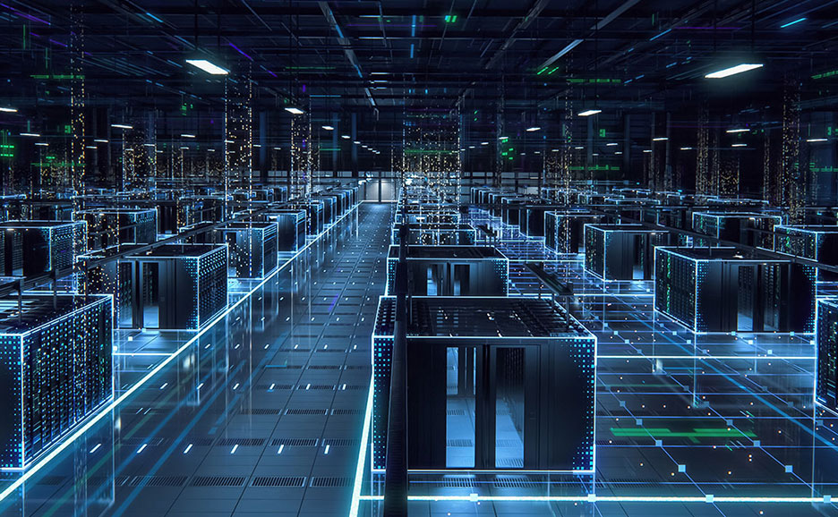 サーバーラックが並び、青い光とデータフローが表現された、大規模なデータセンターの内部。