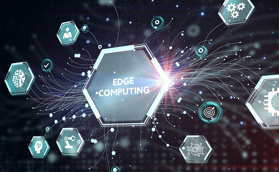 「EDGE COMPUTING」と書かれた六角形を中心に、人工知能やロボット工学などの関連アイコンがネットワーク状に表示されています。
