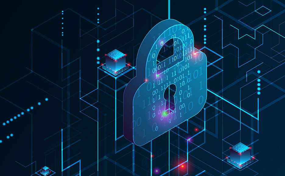 セキュリティをテーマにしたデジタルアート。錠前とバイナリーコード、そしてライトアップされたデータ転送の線が描かれています。