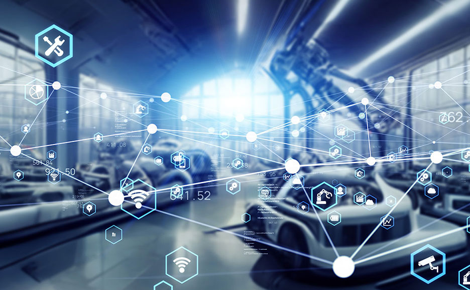 スマート工場を表すインフォグラフィック。機械やセンサーがネットワークでつながり、データがリアルタイムで共有されています。