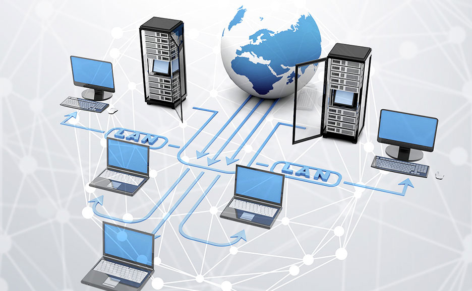 地球と多数のデバイスがLANで接続されたオフィスネットワークの3D図。