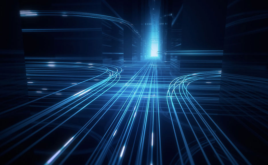 AIが生み出すデジタル空間で、光の線が未来へ向かう道筋を示すイメージです。