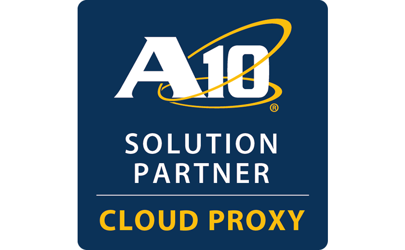 A10 SOLUTION PARTNER CLOUD PROXYのロゴ。白地に紺色の四角いフレームの中に、A10のロゴと文字が配されています。