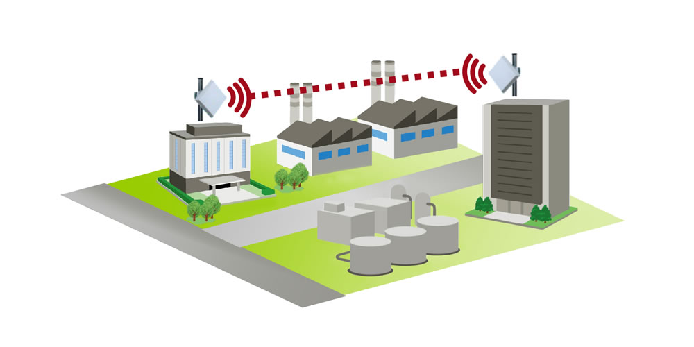 複数の建物が点在する地域で、屋上アンテナから無線信号が送受信される様子を示すイラスト。
