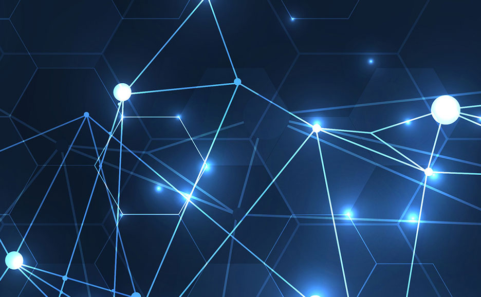 青色の線と光るノードが有機的に広がっている。背景には薄い六角形のパターンが見えます。